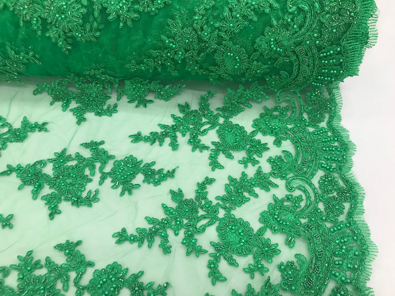 Green - Floral Hand Beaded Embroidered Pattern Bridal Lace Wedding Fabric Sold by The Yard