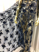 3D Embroided Flower Pattern Fabric with Two Tone Leaf Color Navy - Elegant 3D Flowers by The Yard