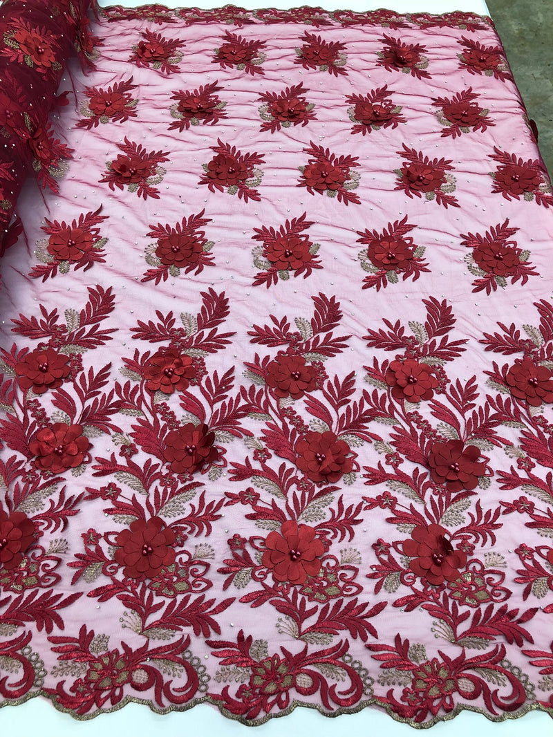 3D Embroided Flower Pattern Fabric with Two Tone Leaf Color Burgundy Elegant 3D Flowers By The Yard
