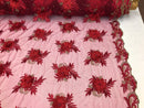 3D Embroided Flower Pattern Fabric with Two Tone Leaf Color Burgundy Elegant 3D Flowers By The Yard