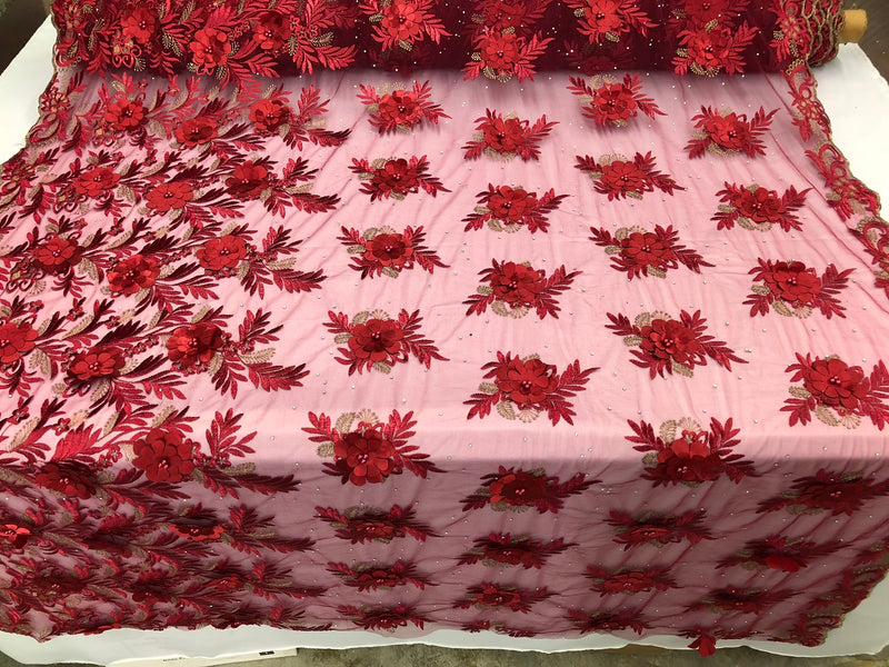 3D Embroided Flower Pattern Fabric with Two Tone Leaf Color Burgundy Elegant 3D Flowers By The Yard