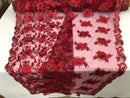 3D Embroided Flower Pattern Fabric with Two Tone Leaf Color Burgundy Elegant 3D Flowers By The Yard