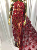 3D Embroided Flower Pattern Fabric with Two Tone Leaf Color Burgundy Elegant 3D Flowers By The Yard