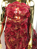 3D Embroided Flower Pattern Fabric with Two Tone Leaf Color Burgundy Elegant 3D Flowers By The Yard