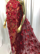 3D Embroided Flower Pattern Fabric with Two Tone Leaf Color Burgundy Elegant 3D Flowers By The Yard