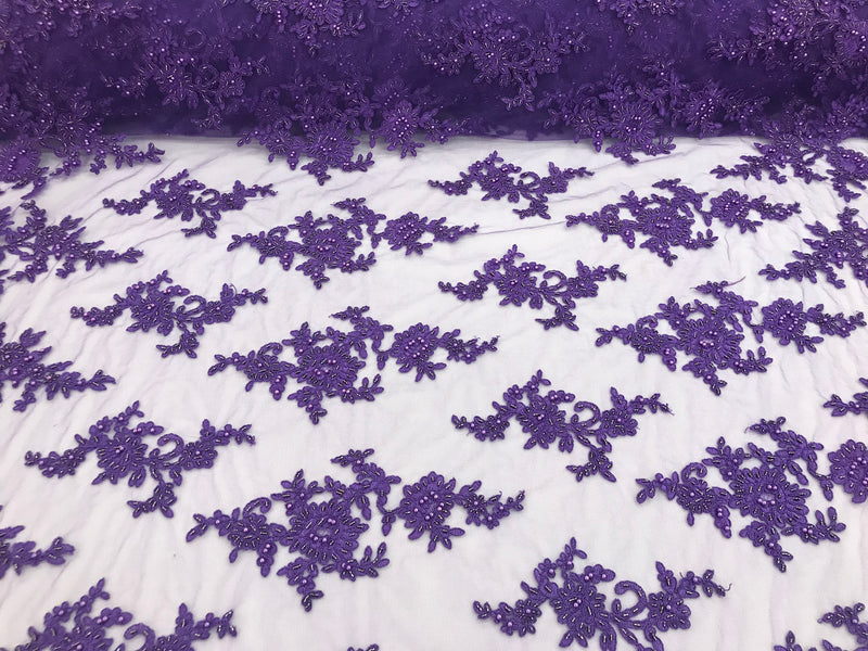 Lilac - Floral Hand Beaded Embroidered Pattern Bridal Lace Wedding Fabric Sold by The Yard