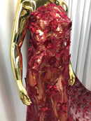 3D Embroided Flower Pattern Fabric with Two Tone Leaf Color Burgundy Elegant 3D Flowers By The Yard