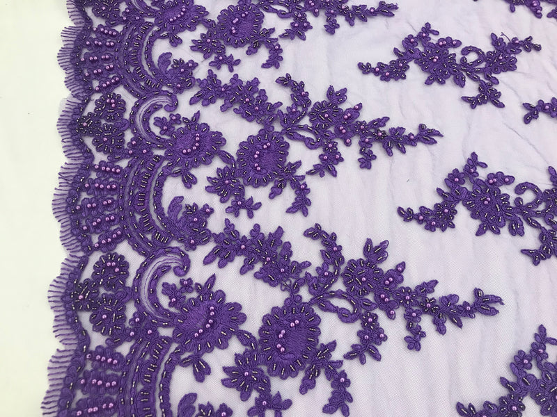 Lilac - Floral Hand Beaded Embroidered Pattern Bridal Lace Wedding Fabric Sold by The Yard