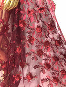 3D Embroided Flower Pattern Fabric with Two Tone Leaf Color Burgundy Elegant 3D Flowers By The Yard