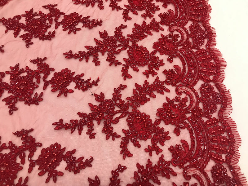 Red - Floral Hand Beaded Embroidered Pattern Bridal Lace Wedding Fabric Sold by The Yard