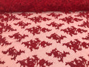 Red - Floral Hand Beaded Embroidered Pattern Bridal Lace Wedding Fabric Sold by The Yard