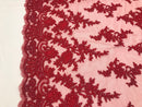 Red - Floral Hand Beaded Embroidered Pattern Bridal Lace Wedding Fabric Sold by The Yard