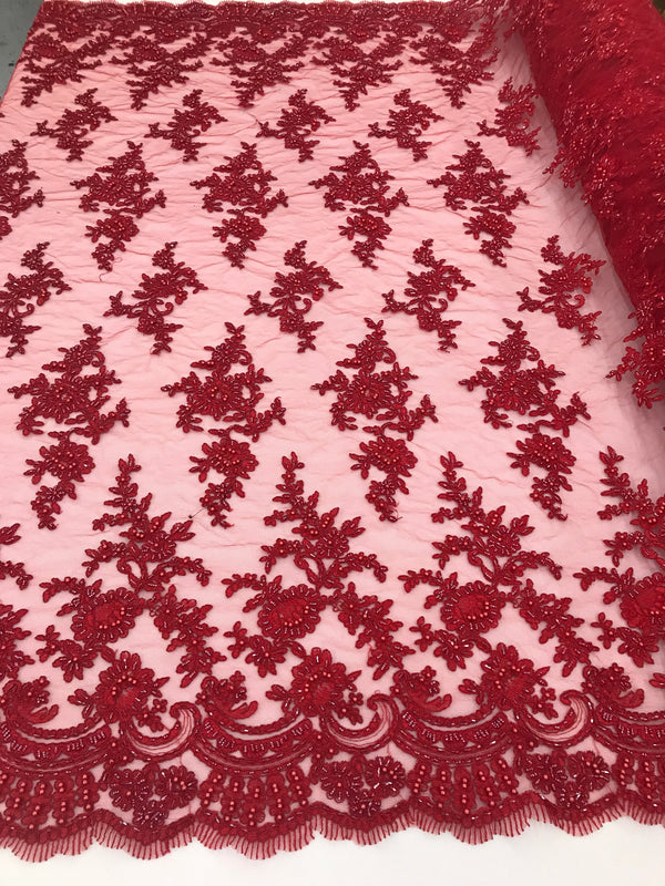 Red - Floral Hand Beaded Embroidered Pattern Bridal Lace Wedding Fabric Sold by The Yard