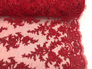 Red - Floral Hand Beaded Embroidered Pattern Bridal Lace Wedding Fabric Sold by The Yard