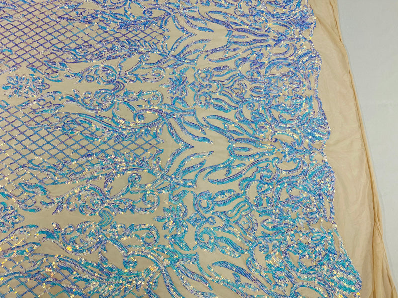 4 Way Stretch Fabric - Iridescent Aqua - Sequins Design on Spandex Mesh Fashion Fabric