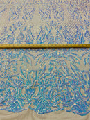 4 Way Stretch Fabric - Iridescent Aqua - Sequins Design on Spandex Mesh Fashion Fabric