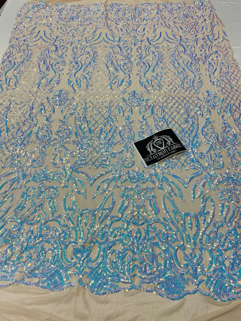 4 Way Stretch Fabric - Iridescent Aqua - Sequins Design on Spandex Mesh Fashion Fabric