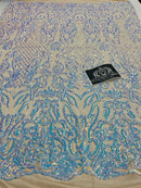 4 Way Stretch Fabric - Iridescent Aqua - Sequins Design on Spandex Mesh Fashion Fabric