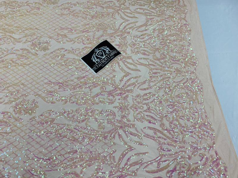 4 Way Stretch Fabric - Iridescent Clear Pink - Sequins Design on Spandex Mesh Fashion Fabric