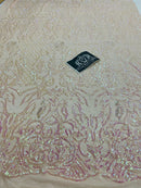 4 Way Stretch Fabric - Iridescent Clear Pink - Sequins Design on Spandex Mesh Fashion Fabric