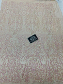 4 Way Stretch Fabric - Iridescent Clear Pink - Sequins Design on Spandex Mesh Fashion Fabric
