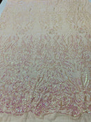 4 Way Stretch Fabric - Iridescent Clear Pink - Sequins Design on Spandex Mesh Fashion Fabric