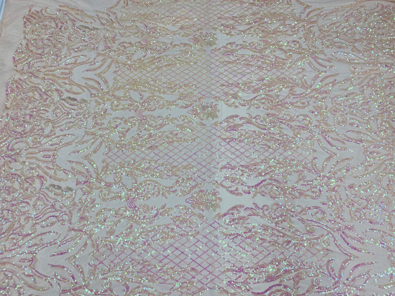 4 Way Stretch Fabric - Iridescent Clear Pink - Sequins Design on Spandex Mesh Fashion Fabric
