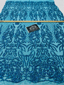 4 Way Stretch Fabric - Iridescent Turquoise - Sequins Design on Spandex Mesh Fashion Fabric