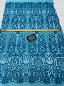4 Way Stretch Fabric - Iridescent Turquoise - Sequins Design on Spandex Mesh Fashion Fabric
