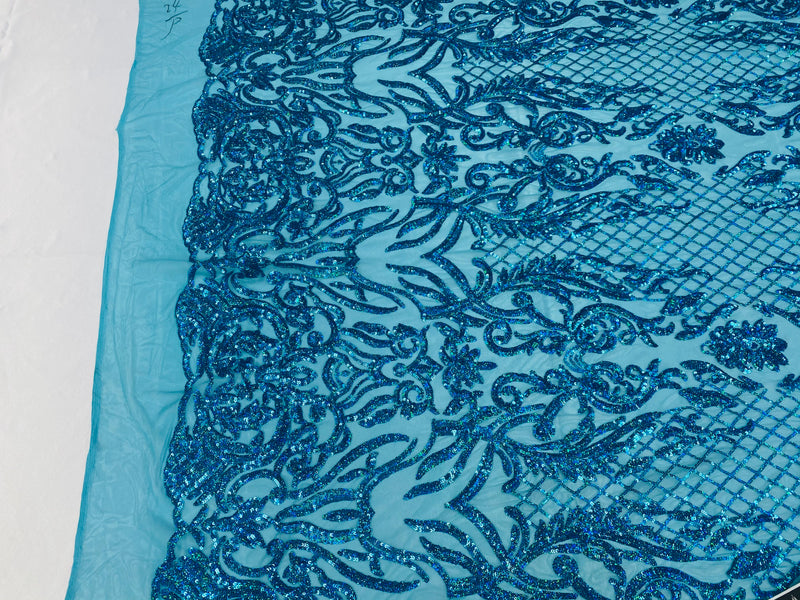 4 Way Stretch Fabric - Iridescent Turquoise - Sequins Design on Spandex Mesh Fashion Fabric