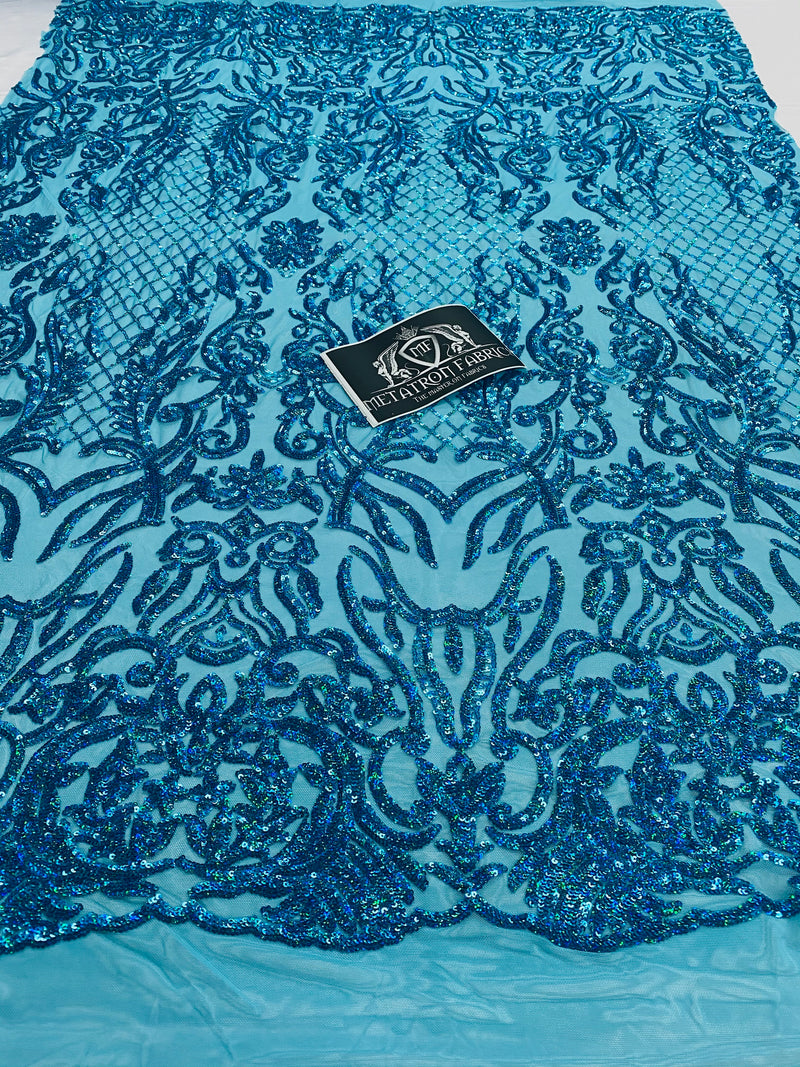 4 Way Stretch Fabric - Iridescent Turquoise - Sequins Design on Spandex Mesh Fashion Fabric