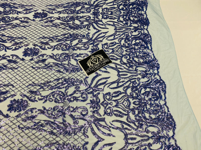 4 Way Stretch Fabric - Blue - Sequins Design on Spandex Mesh Fashion Fabric