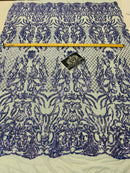 4 Way Stretch Fabric - Blue - Sequins Design on Spandex Mesh Fashion Fabric