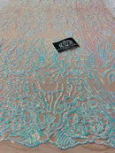 4 Way Stretch Fabric - Iridescent Aqua/ Pink - Sequins Design on Spandex Mesh Fashion Fabric