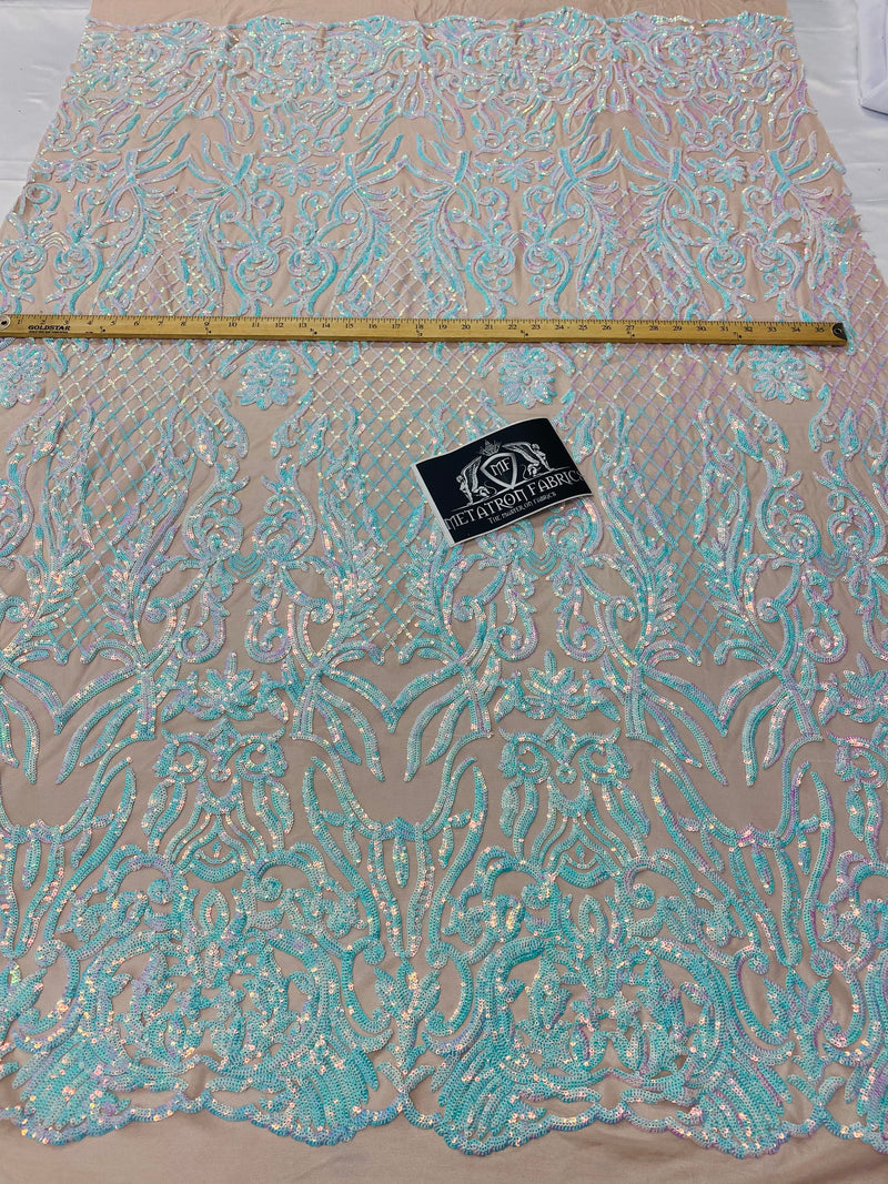 4 Way Stretch Fabric - Iridescent Aqua/ Pink - Sequins Design on Spandex Mesh Fashion Fabric