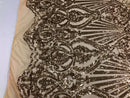 Iridescent - Champagne - 4 Way Stretch Sequins Damask Pattern Fabric  - Sold By The Yard