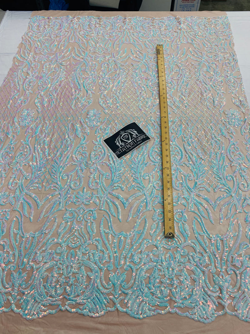 4 Way Stretch Fabric - Iridescent Aqua/ Pink - Sequins Design on Spandex Mesh Fashion Fabric