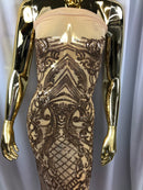 Iridescent - Champagne - 4 Way Stretch Sequins Damask Pattern Fabric  - Sold By The Yard