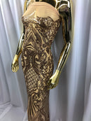 Iridescent - Champagne - 4 Way Stretch Sequins Damask Pattern Fabric  - Sold By The Yard