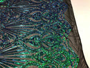 Iridescent - Blue/Green - 4 Way Stretch Sequins Damask Pattern Fabric  - Sold By The Yard