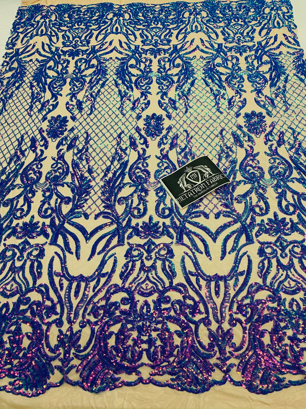 4 Way Stretch Fabric - Iridescent Lavender - Sequins Design on Spandex Mesh Fashion Fabric