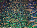 Iridescent - Blue/Green - 4 Way Stretch Sequins Damask Pattern Fabric  - Sold By The Yard