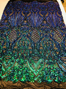 Iridescent - Blue/Green - 4 Way Stretch Sequins Damask Pattern Fabric  - Sold By The Yard