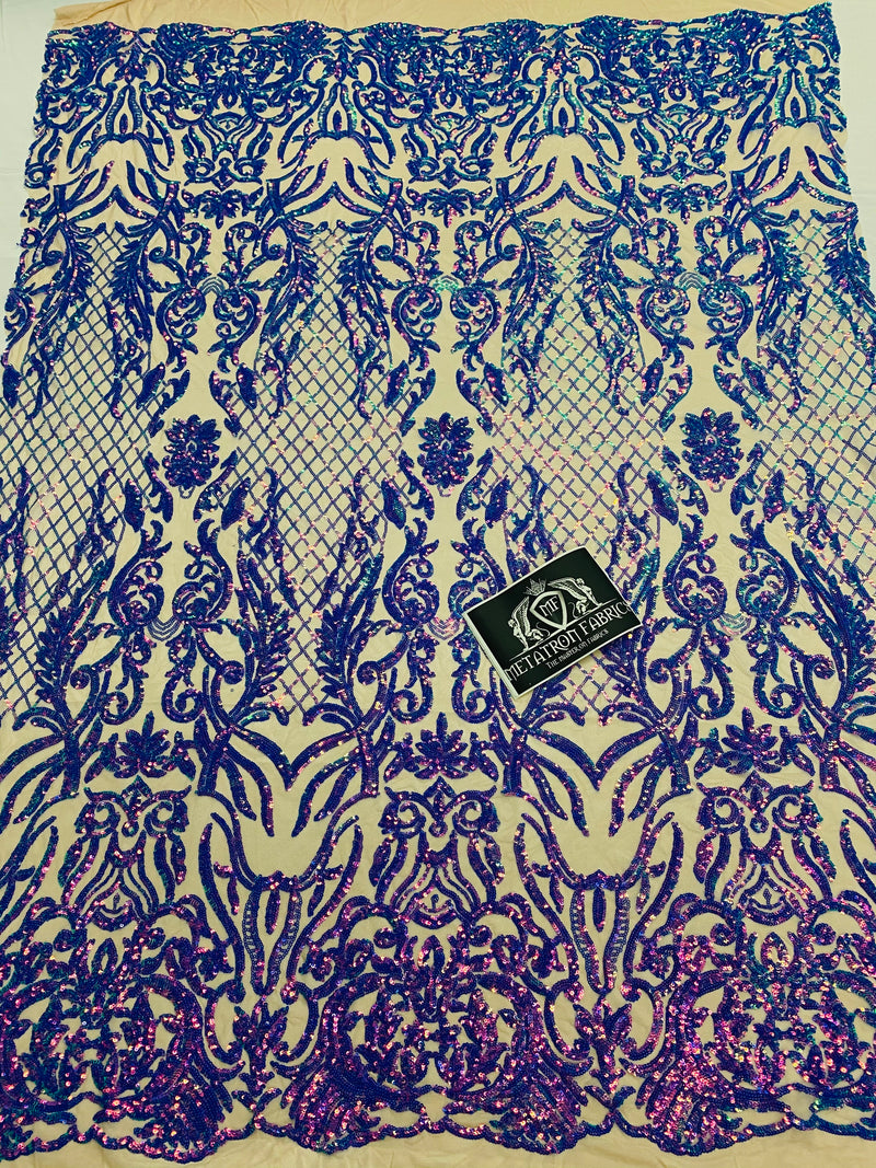 4 Way Stretch Fabric - Iridescent Lavender - Sequins Design on Spandex Mesh Fashion Fabric