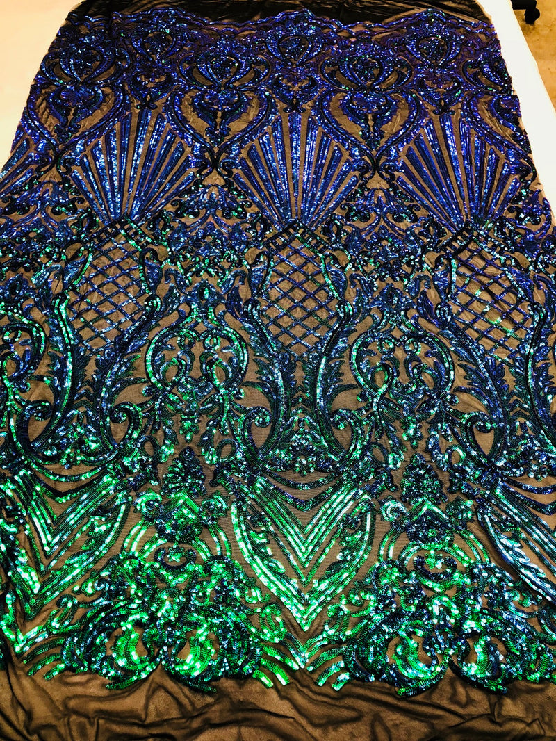 Iridescent - Blue/Green - 4 Way Stretch Sequins Damask Pattern Fabric  - Sold By The Yard
