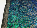 Iridescent - Blue/Green - 4 Way Stretch Sequins Damask Pattern Fabric  - Sold By The Yard