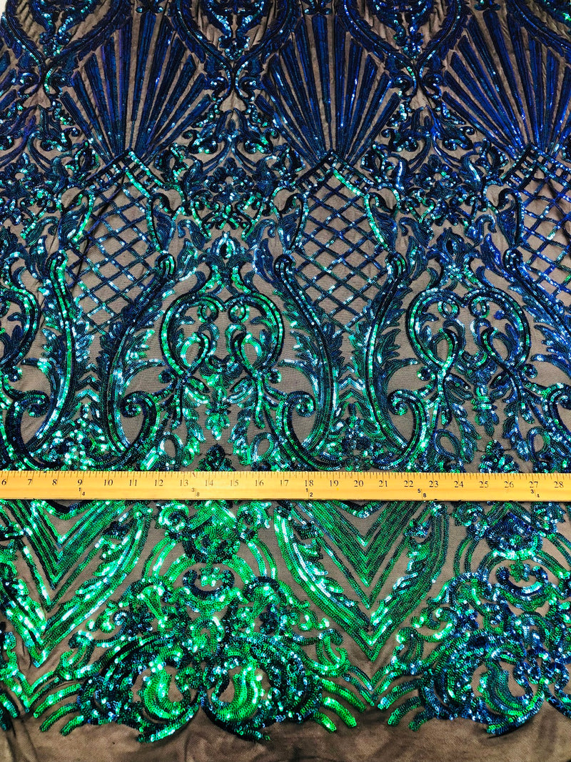 Iridescent - Blue/Green - 4 Way Stretch Sequins Damask Pattern Fabric  - Sold By The Yard