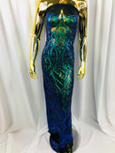 Iridescent - Blue/Green - 4 Way Stretch Sequins Damask Pattern Fabric  - Sold By The Yard