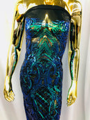 Iridescent - Blue/Green - 4 Way Stretch Sequins Damask Pattern Fabric  - Sold By The Yard