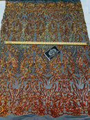 4 Way Stretch Fabric - Iridescent Orange - Sequins Design on Spandex Mesh Fashion Fabric